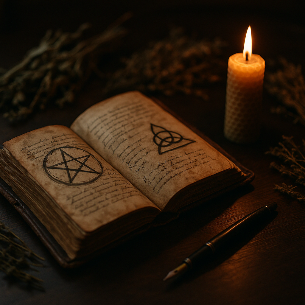 An open book of shadows on a wooden table with candle and dried herbs, evoking the origins of modern witchcraft